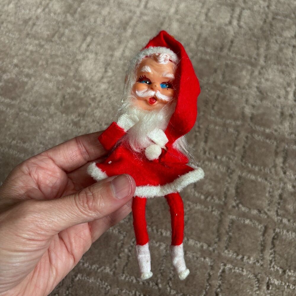 Vintage 50s 60s MCM Santa Ornament Made Japan Christmas Bendable Knee Hugger